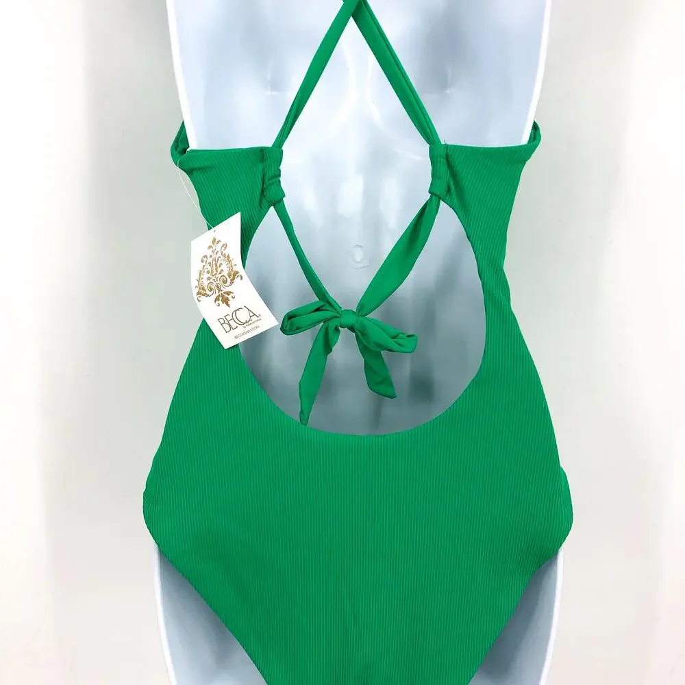 BECCA Women's Gia Plunge One Piece Swimsuit Large Green Lace Up Modern Edge NWT